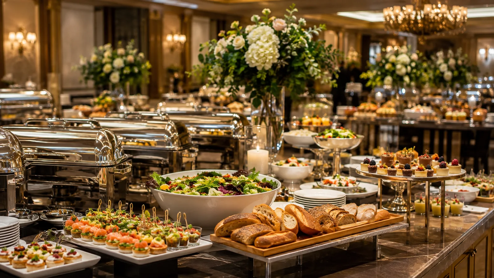 Upscale catered buffet with appetizers, salads and serving stations